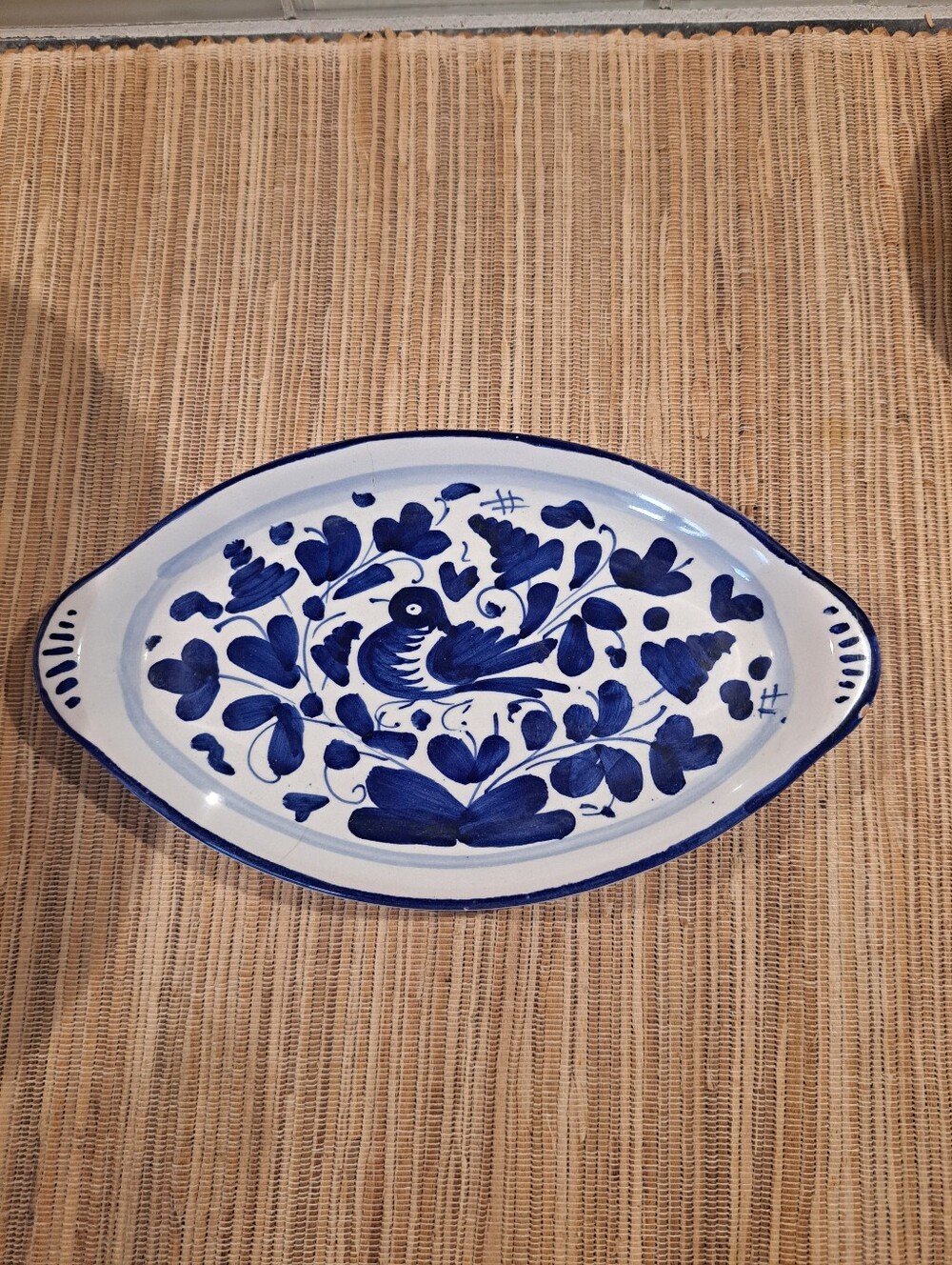 Vtg. Sambuco Pottery Oval Dish Blue/White with Bird & Florals Italy